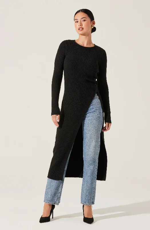 Ribbed Hi Slit Button Sweater Mesh Sweater Canvas Denim