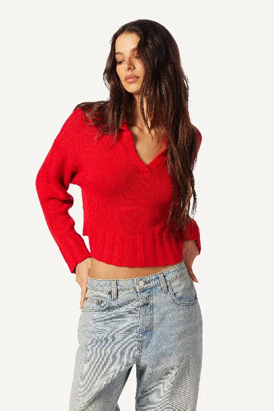 JULIE COTTON CASHMERE SWEATER W/ COLLAR | SCARLET Velvet Chenille Corduroy