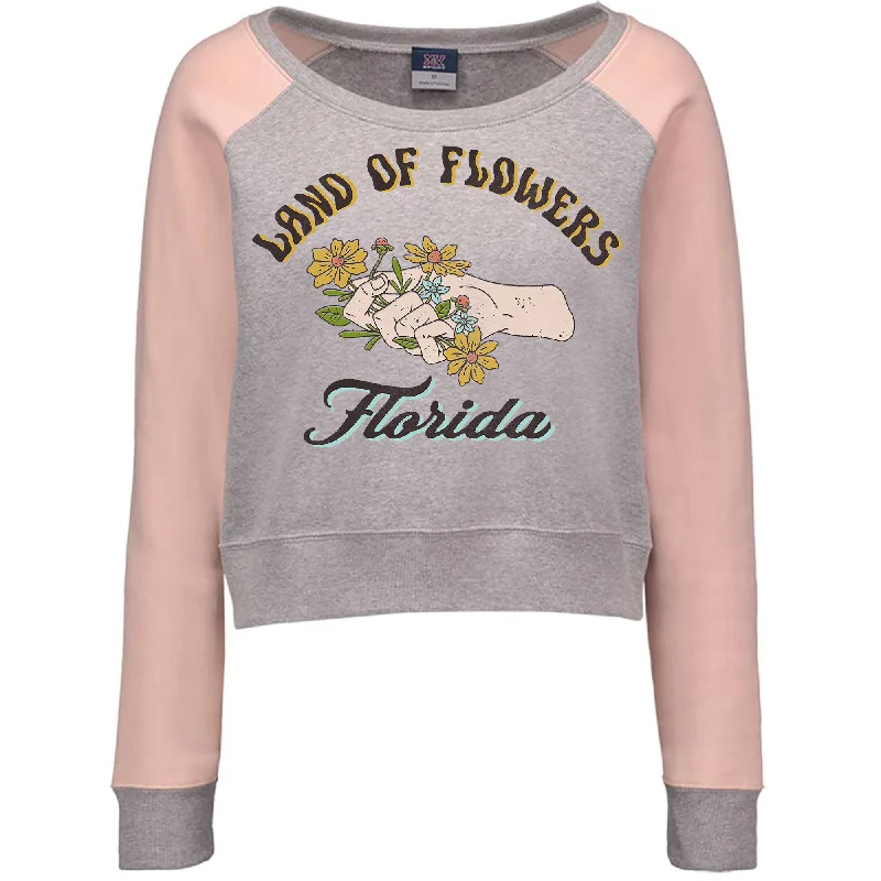 Land of Flowers Florida Cropped Sweatshirt Hoodie with Hem Raw Edge Edgy Unfinished