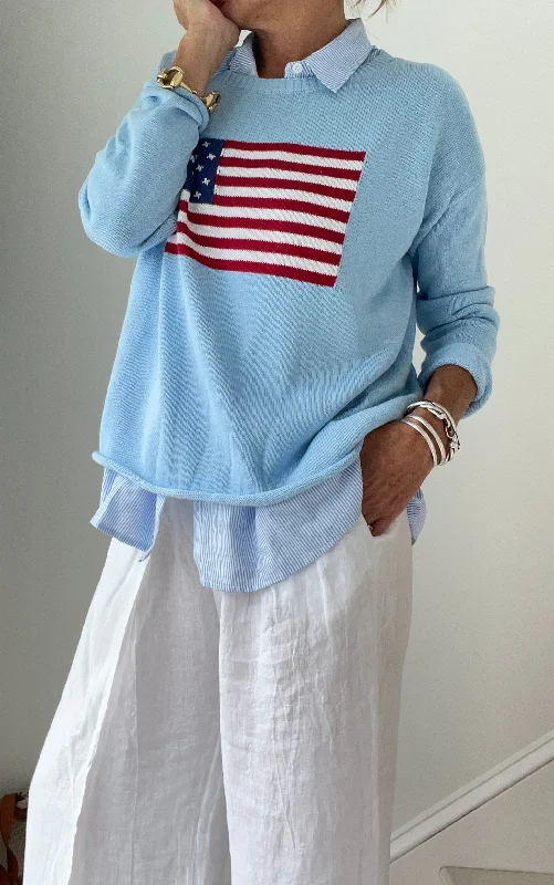 Light Blue American Flag Cotton Sweater Tailored Straight A-Line