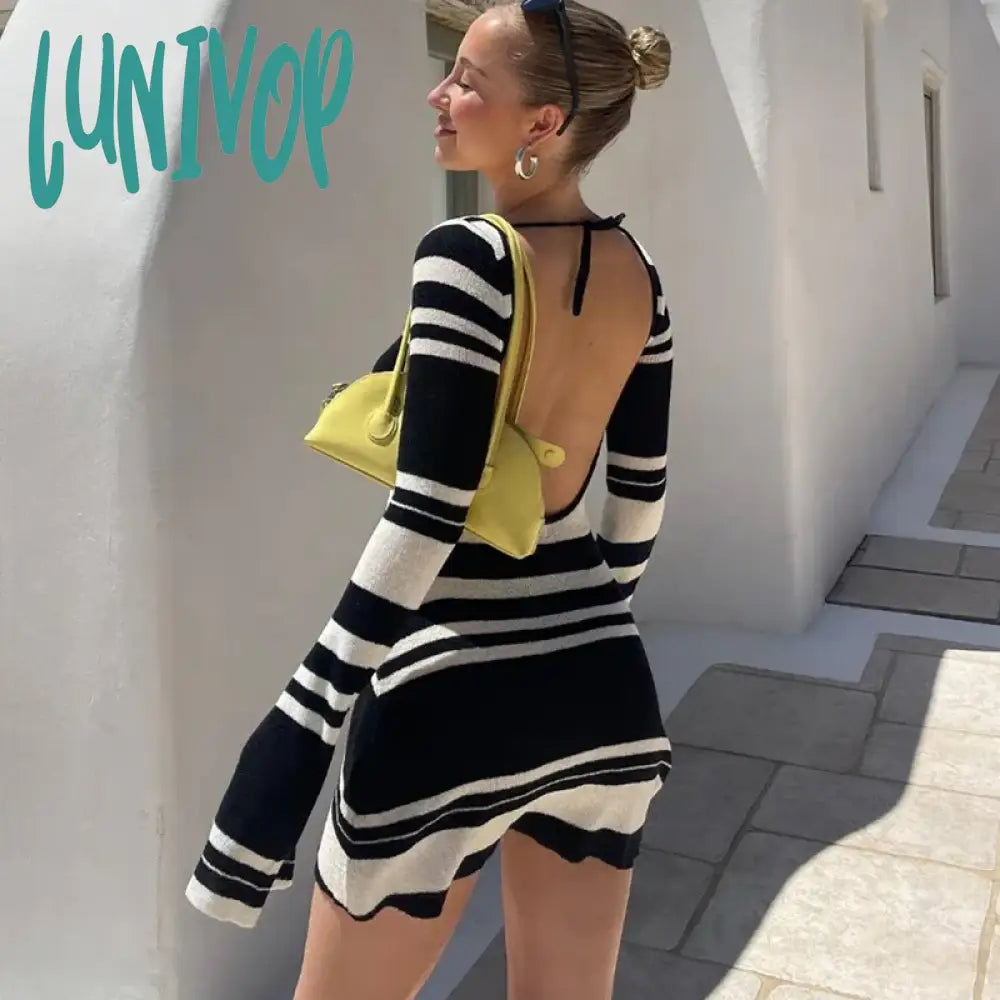 Lunivop Fashion Striped Sexy Backless Mini Dresses Autumn Club Party Flare Sleeve Sweaters Dresses for Women Beachwear Bodycon Dress Slim Fit Regular Fit Oversized