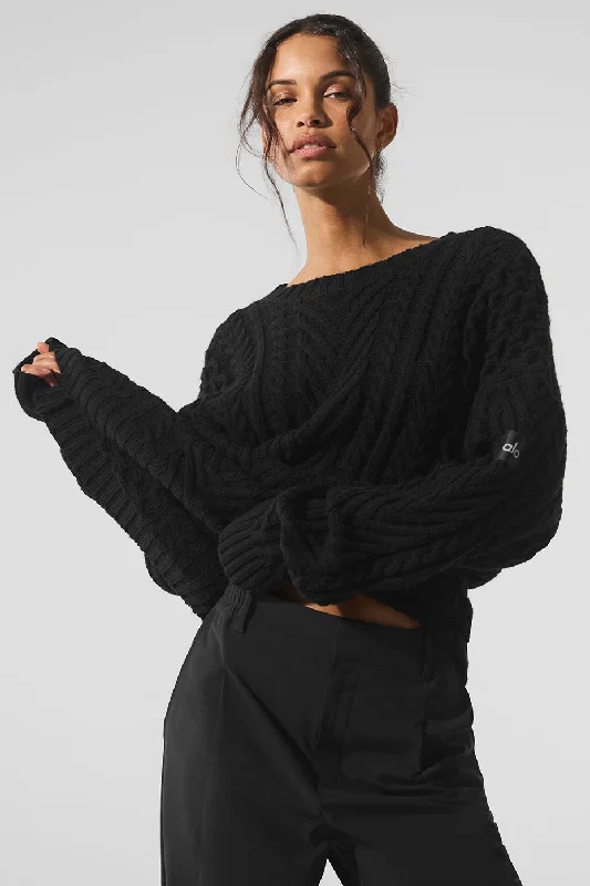 Cable Knit Crew Neck Sweater - Black Notch Collar Peter Pan Collar Cowl Neck