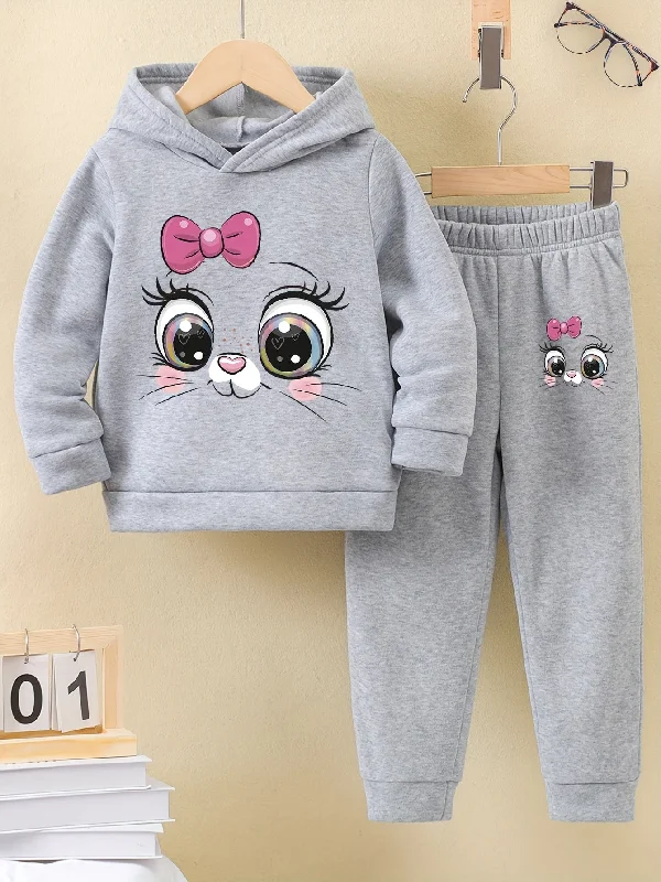 Girls 2-Piece Cartoon Cat Pattern Hooded Sweatshirt and Sweatpants Set 🐱👧 Zip Hoodie Drawstring Kangaroo Pocket