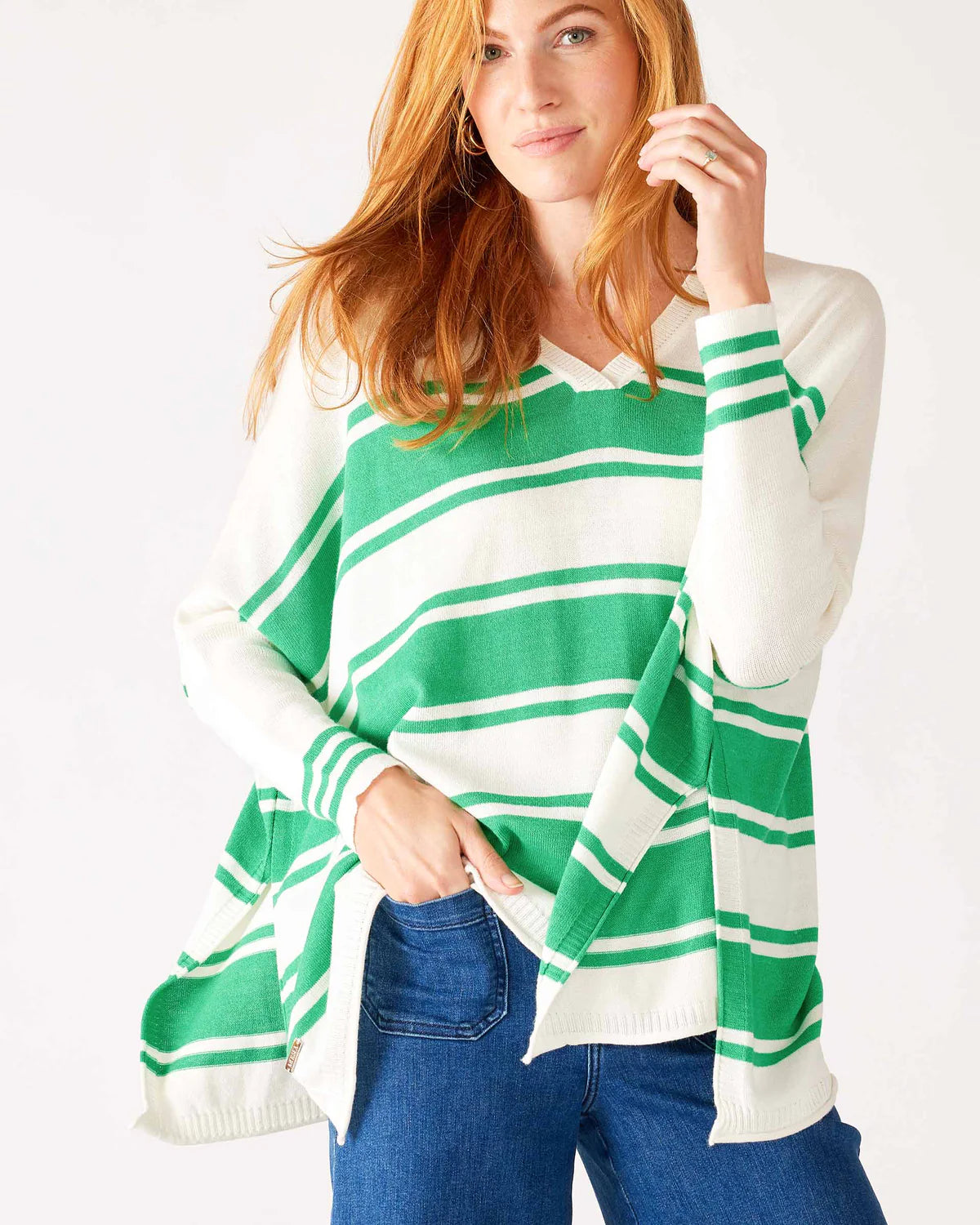 Mersea Catalina V-Neck Sweater White/Jade Striped Cashmere Blend Cotton Blend Poly Blend