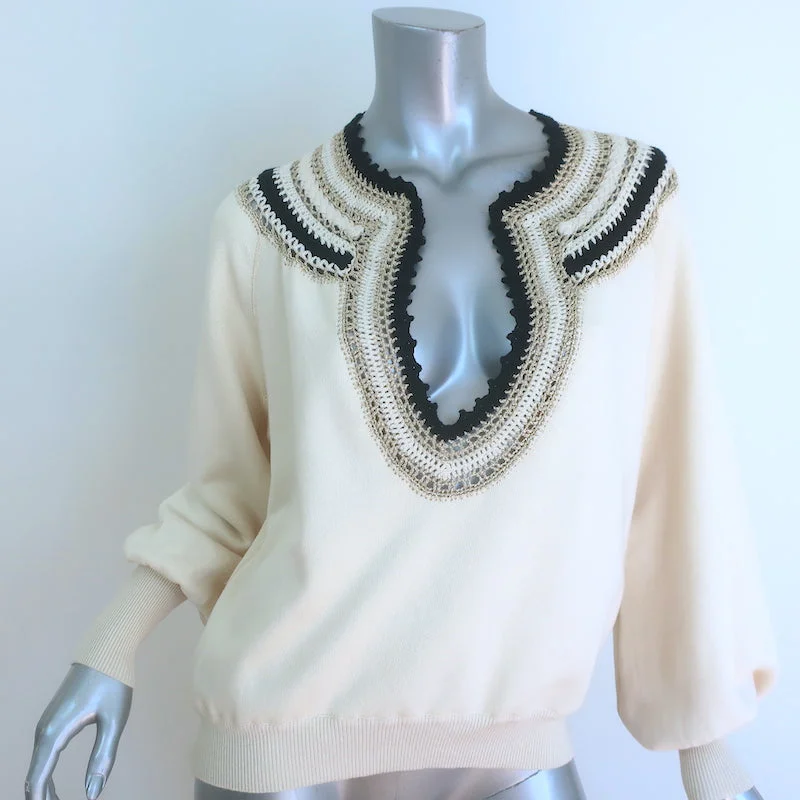 Mes Demoiselles Rosalia Metallic Crochet-Trimmed Sweater Ivory Cotton Size 0 Cable Knit Ribbed Knit Lace Knit