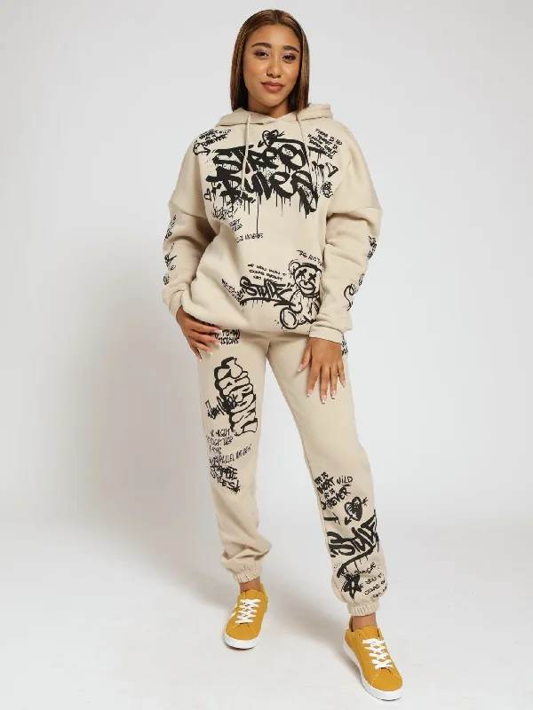 Oversized Graphic Hoody - Stone Hoodie with Elastic Waist Stretchable Comfortable