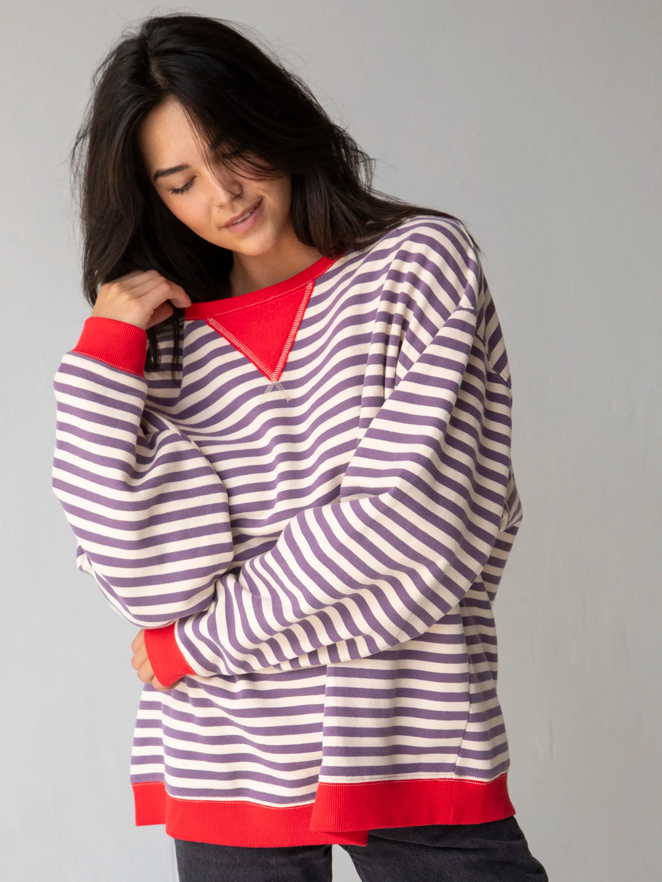 Oversized Striped Sweatshirt - Cream Purple Stripes Hoodie with Snap Buttons Easy Quick