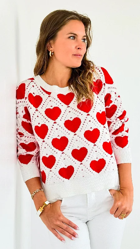 Hearts Knit Sweater-Red Boat Neck Shawl Collar Notched Collar