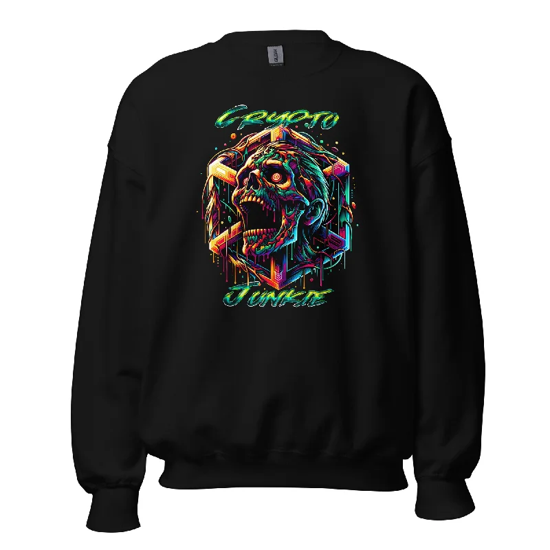 Screaming Zombie Skull Crypto Junkie Altcoins Sweatshirt Long Sleeve Pullover Hoodie with Ribbed Hem Stretchable Secure