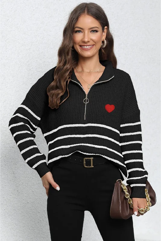 Striped Zip-Up Long Sleeve Ribbed Sweater Herringbone Houndstooth Plaid