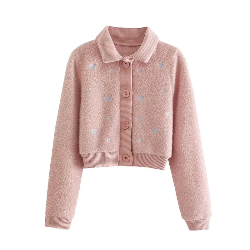 Sweet polo collar embroidered sweater cardigan coat  7738 Fitted Slim Tailored