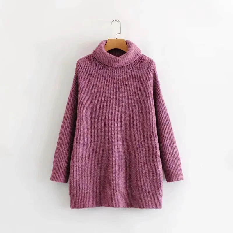 Turtleneck sweater women European style loose knit sweater Welt Pockets Slit Pockets Flap Pockets