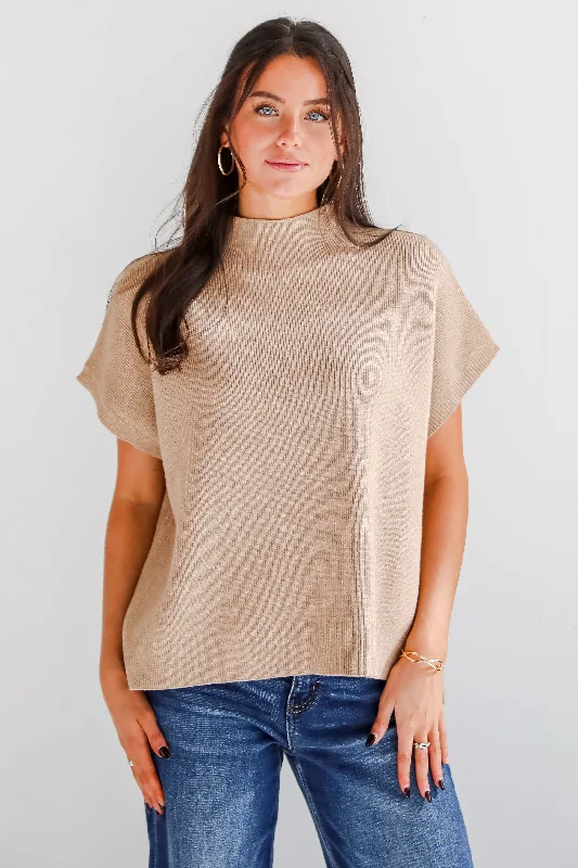 Unique Composure Taupe Mock Neck Oversized Sweater Top Boat Neck Shawl Collar Notched Collar