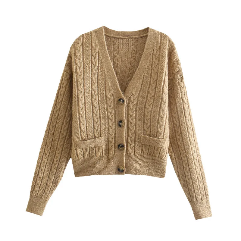 V-neck eight strand knitted sweater sweater coat  7739 Zippered Front Buttoned Front Snap Front