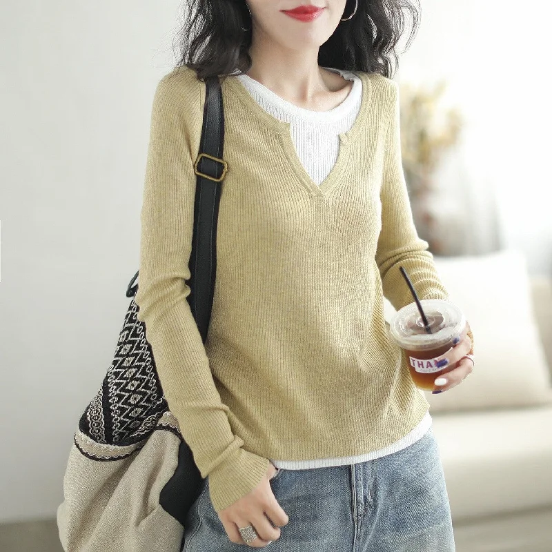 Women Casual Fashion Autumn Knitted Sweater High Neck Crew Neck V-Neck