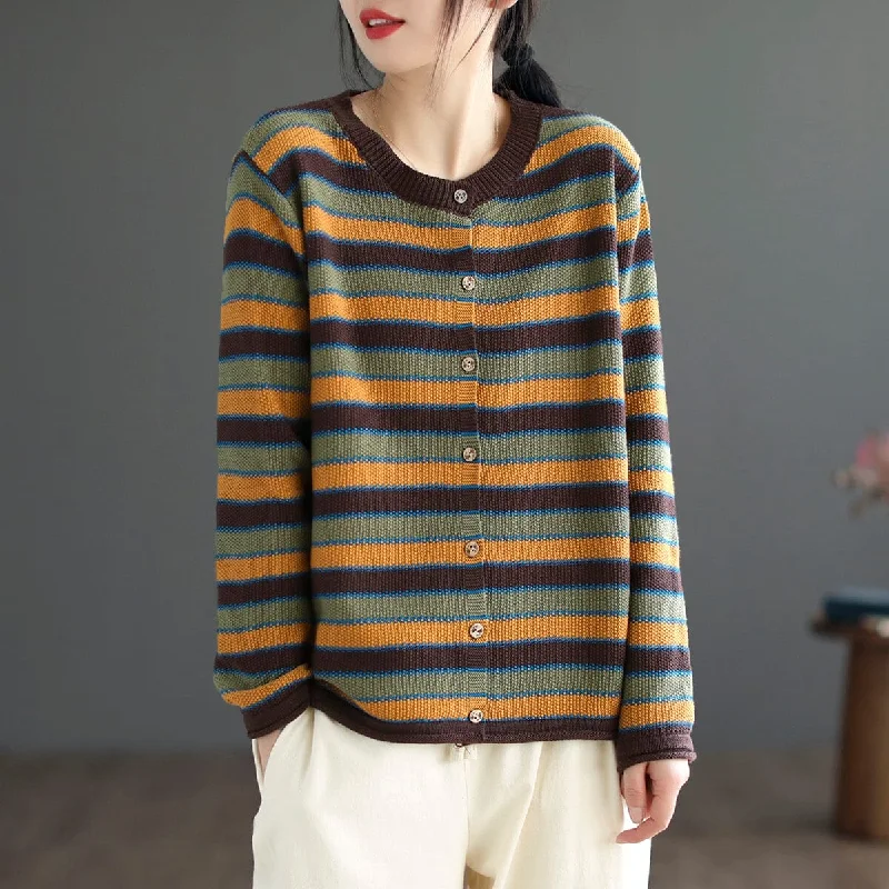 Women Spring Casual Stripe Cotton Knitted Sweater Soft Cozy Warm