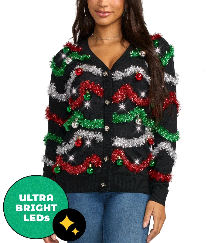 Women's Midnight Garland Light Up Christmas Cardigan Sweater Front Pockets Side Pockets Patch Pockets