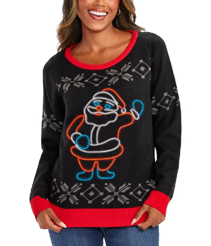 Women's Ho Ho Hello Neon LED Light Up Ugly Christmas Sweater Ribbed Striped Patterned