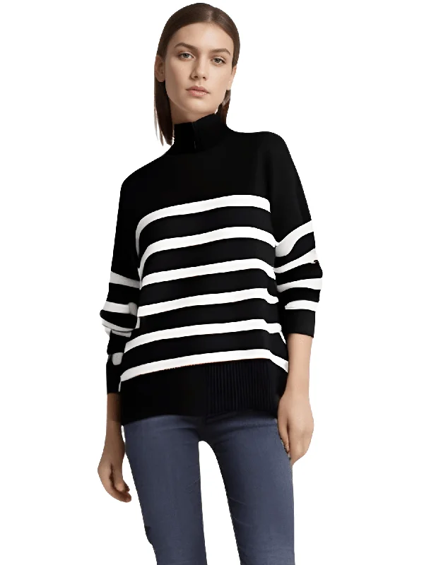 Oversized Black and White Striped Sweater for Women Front Pockets Side Pockets Patch Pockets