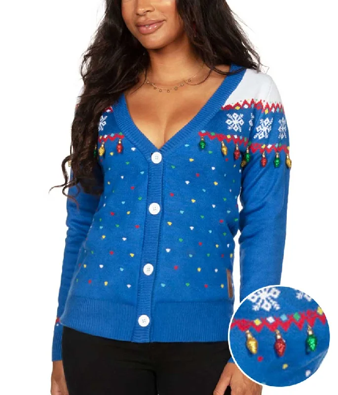 Women's Blue Christmas Lights Cardigan Sweater Turtle Neck Boat Neck Asymmetrical Neck