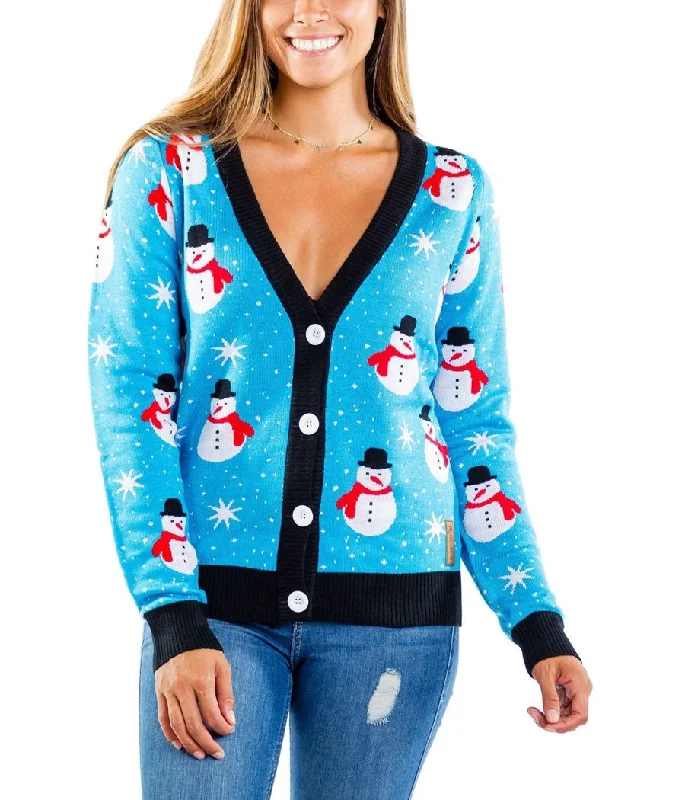 Women's Snazzy Snowman Cardigan Sweater Spandex Rayon Corduroy