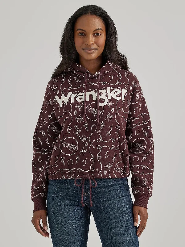 WOMEN'S WRANGLER ALLOVER WESTERN CINCHED HOODIE #112356691 Hoodie with Raw Hem Edgy Unfinished