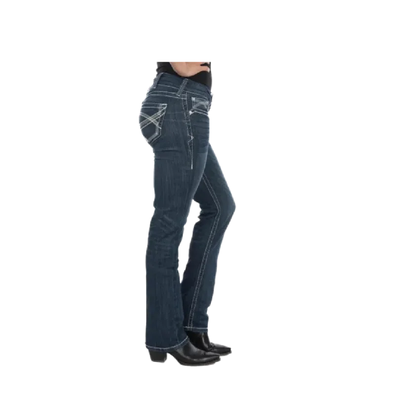 Women's Ariat Real Ivy Dresden Mid Rise Straight Leg Stretch Dark Stonewash Jean Elegant Skinny Leg Jeans