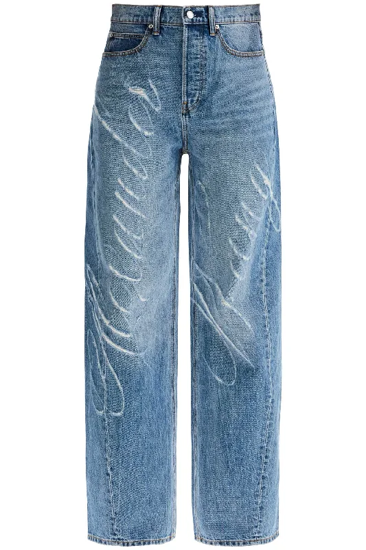 Distressed Jeans With Lettering Logo  - Light Blue Fashionable Relaxed Fit Denim