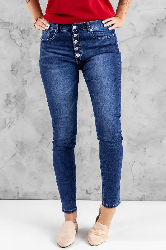 Blue High Rise Skinny Button Fly Jeans Casual Skinny Fit Jeans