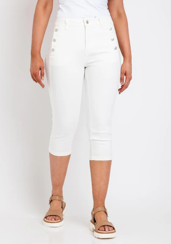 Fransa Buttoned Pocket Capri Jeans, Cream Trendy Button-Up High-Waist Jeans