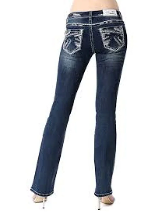 Grace In LA JB-51372 Womens Stitched Embellished Bootcut Jeans Dark Wash Fashionable Raw Hem Bootcut Jeans