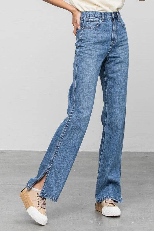 High Waist Straight Jeans with Ankle Slit Comfortable Jogger Style Jeans