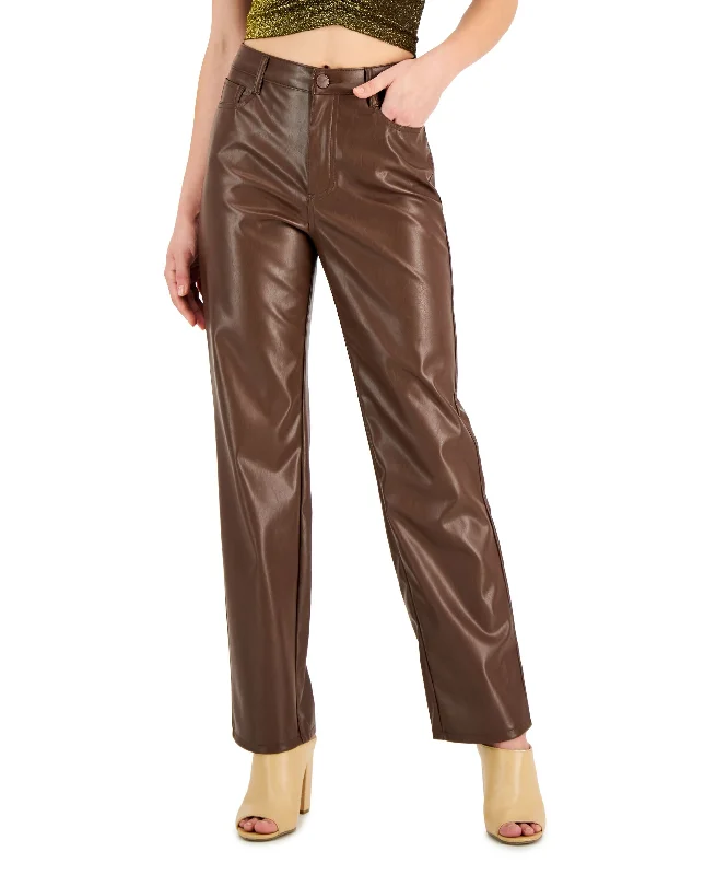 Juniors' Faux-Leather High-Rise Wide-Leg Jeans Trendy Low-Rise Slim Jeans