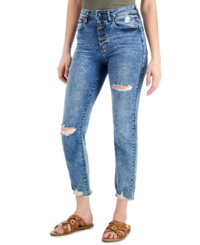 Juniors' Ripped Slim Straight-Leg Jeans Fashionable Cropped Denim Jeans