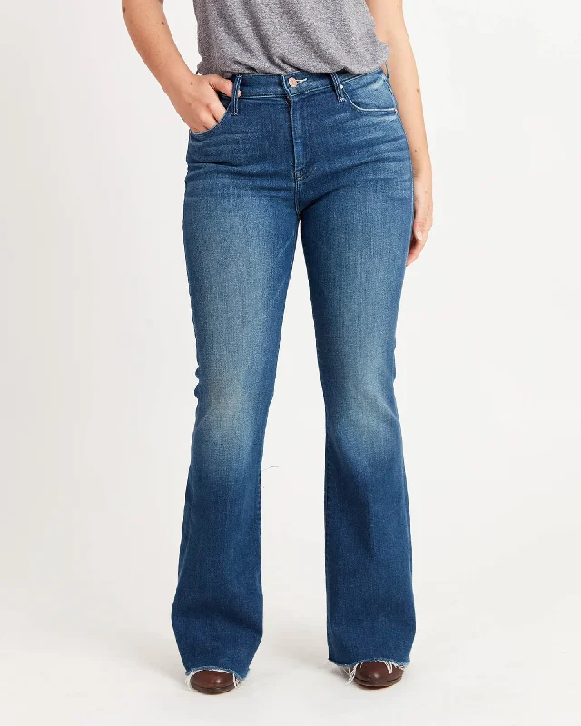 The Weekender Fray Flared Jeans Trendy Pleated Waist Jeans