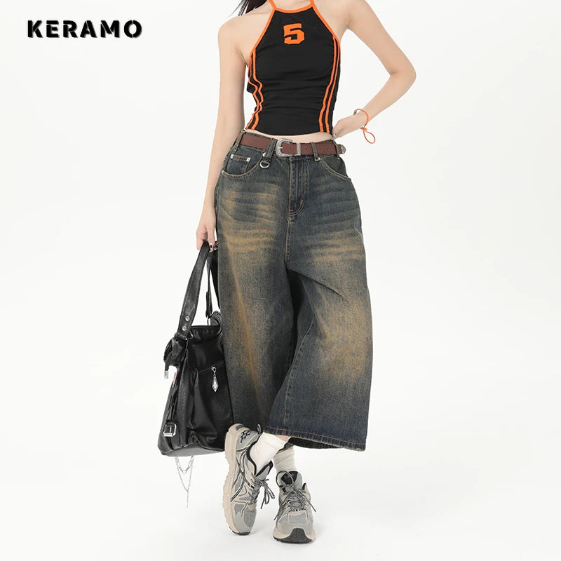 Vintage Streetwear Women Jeans 2024 Summer Loose Male Wide Leg Knee Length Shorts Fashionable Mom Jeans