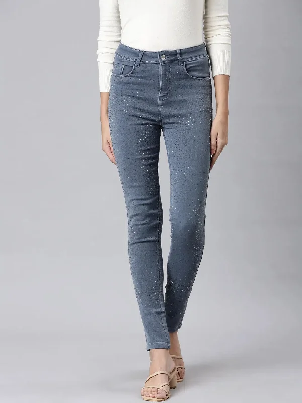 Women Grey Solid Skinny Fit Denim Jeans-LT-205590-Grey Chic Double Waistband Jeans