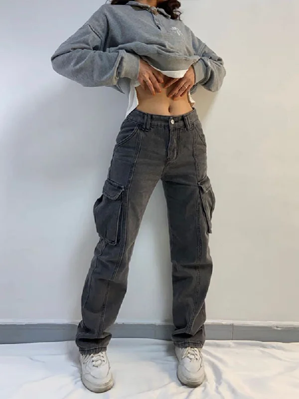 Women Straight Cargo Jeans Fashionable Straight Cut Jeans