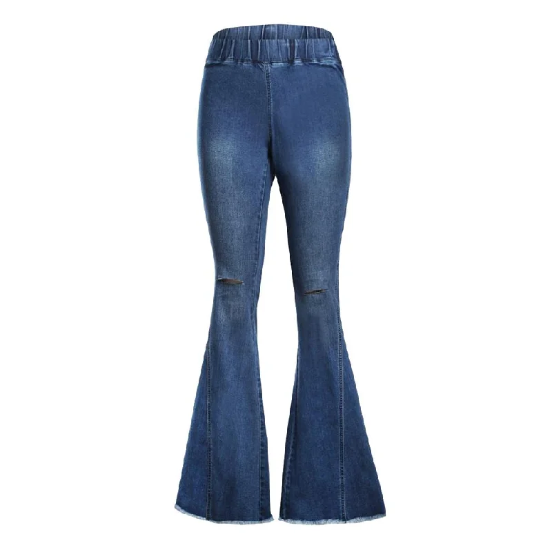 Max Womens Flared Trousers with High Waist Knee Holes Denim Jeans S Comfortable Zip-Fly Denim Jeans