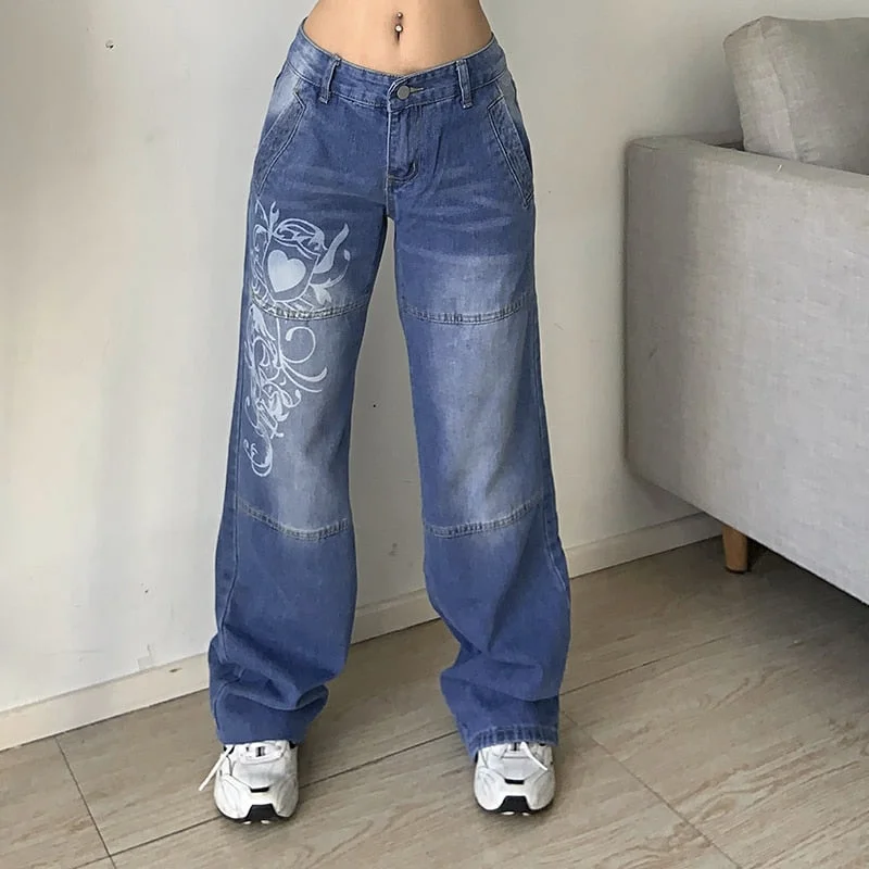 DressBetty - Y2K Jeans Low Rise Trousers Blue Vintage Gothic Print Baggy Casual Wide Leg Denim Aesthetic Trendy Plus Size Jeans