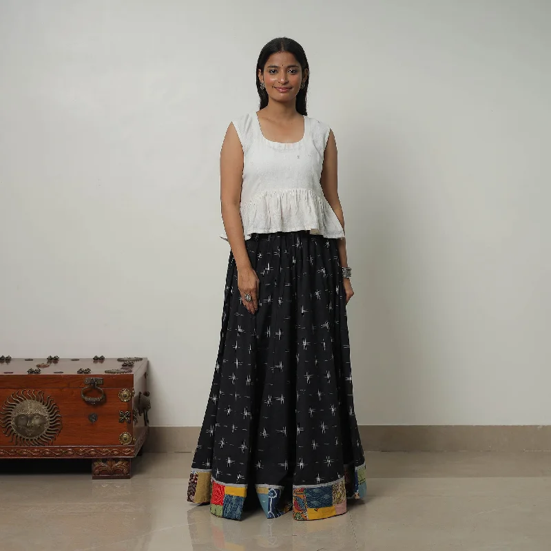 Black - 24 Kali Cotton Pochampally Ikat Skirt with Border 34 breathable skirt fabric