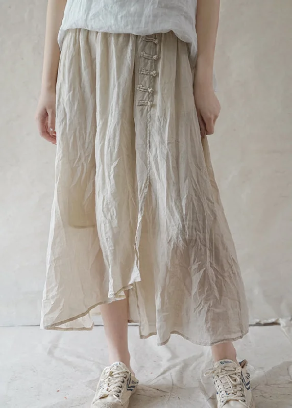 Beige Linen Skirts elastic waist button asymmetrical design Spring silk skirt lustrous