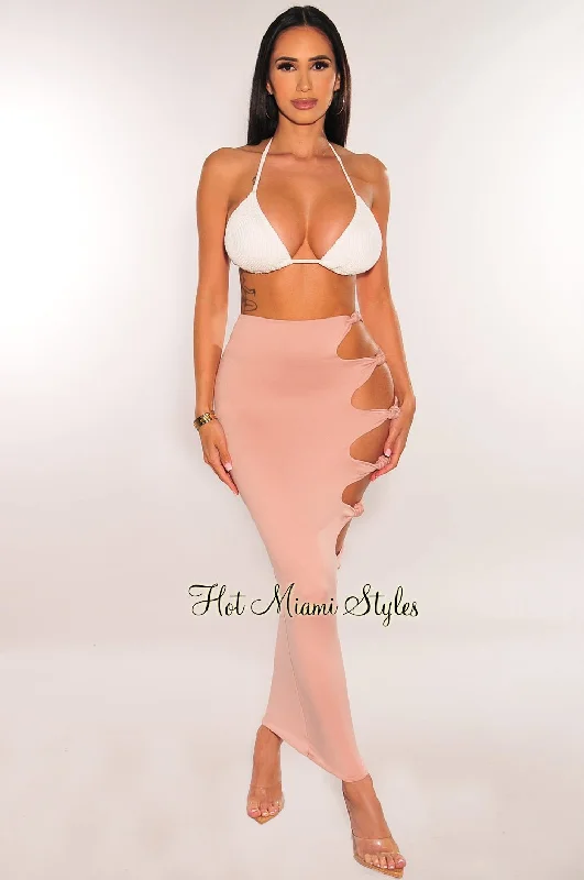 Blush High Waist Cut Out Knotted Slit Skirt cashmere skirt soft