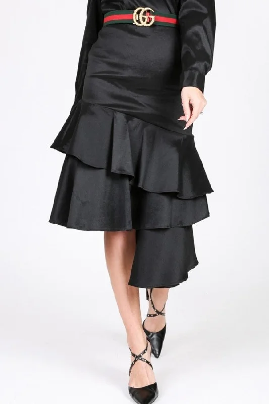 Asymmetrical Ruffle Bottom Satin Skirt asymmetrical skirt cut