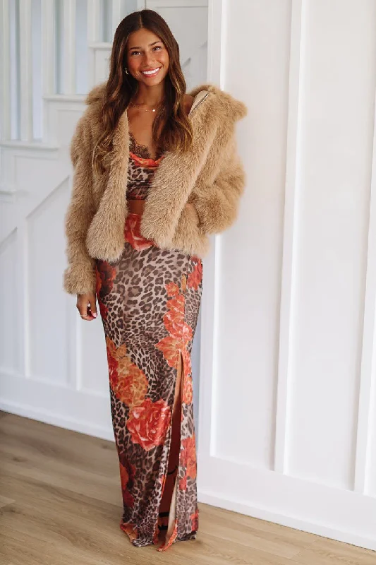 Cat's Out of the Bag Crop Top and Maxi Skirt Set - Brown floral skirt print