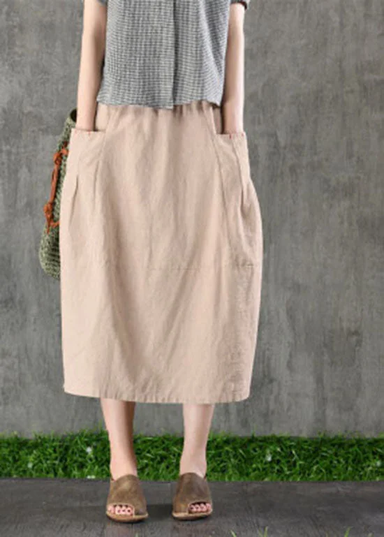 Chic Khaki elastic waist Pockets Cotton Linen A Line Skirt Spring vintage skirt charm