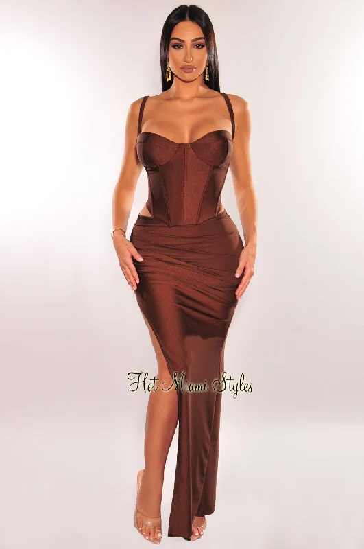 Chocolate Spaghetti Strap Padded Boned Corset Ruched Slit Skirt Two Piece Set relaxed fit skirt