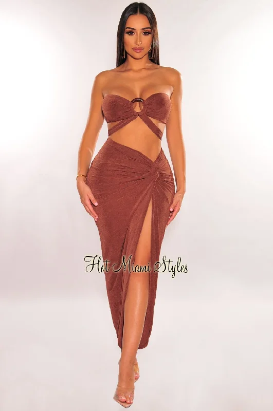 Chocolate Strapless O-Ring Wrap Around Knotted Slit Skirt Two Piece Set lace skirt romantic