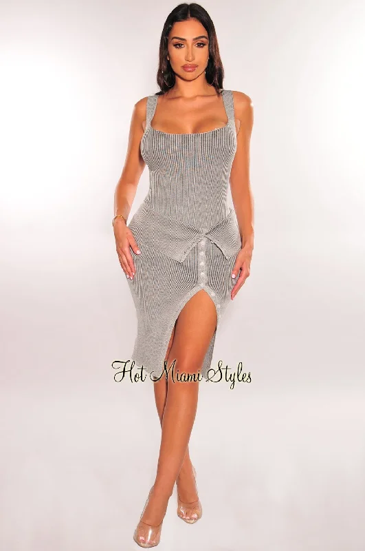 Dusty Gray Ribbed Cut Out Bodysuit Layover Button Up Skirt Two Piece Set lace skirt elegant