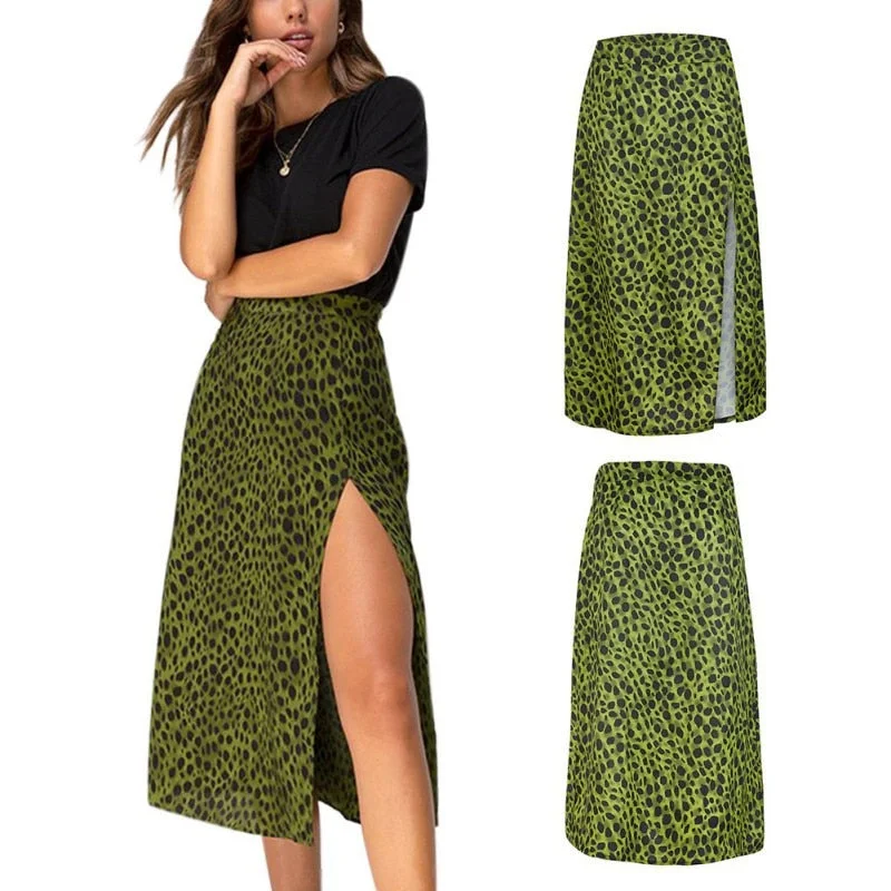 faldas mujer moda Women Summer Skirt Army Green Leopard Print Over The Knee Lace-Up Print High Waist Long Thin Split Skirt leather skirt durable